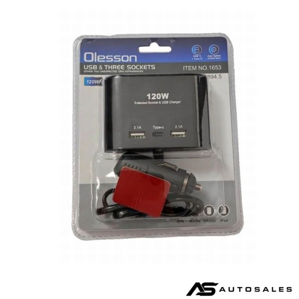 Разклонител за запалка 3-ка + 2 USB + C-Type 1653