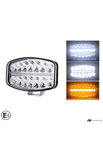 80W LED Лед Фар Халоген с DRL дневни светлини габарит бяло - оранжево неон ефект 24,5см x 13,9см, 4100lm, 12V - 24V, E-Mark Подходящ За DAF MAN Scania Volvo и др.