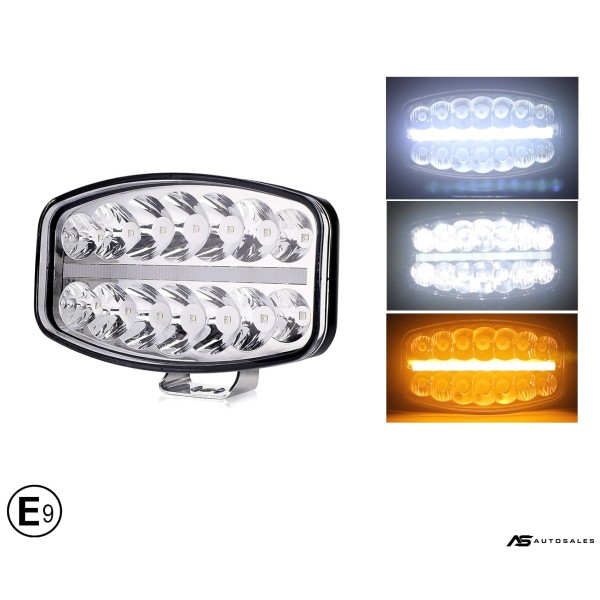 80W LED Лед Фар Халоген с DRL дневни светлини габарит бяло - оранжево неон ефект 24,5см x 13,9см, 4100lm, 12V - 24V, E-Mark Подходящ За DAF MAN Scania Volvo и др.
