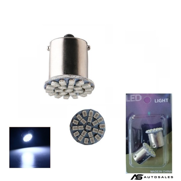 2 броя LED Крушки, 22 SMD BA15S 1156 (PY21W) 24V Блиц-Мигащи Бяла Светлина Срещуположни пинове (180°) в Блистер