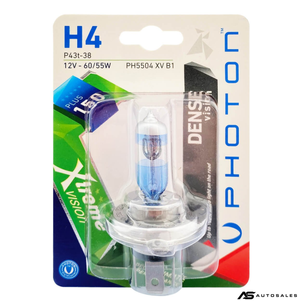 1 брой халогенна крушка H4 Х4 +150% 12V 60 / 55W P43T-38 бяла светлина в блистер DENSE VISION PHOTON