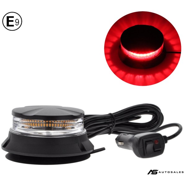 LED Аварийна Сигнална Лампа Маяк Буркан, 24W, 17 Режима, E9 E-Mark, IP66, 12V / 24V, Червена Светлина, С Магнит и Вендуза