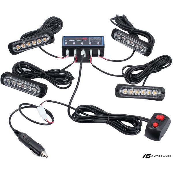 6 Led Аварийна Лампа, Жълта Блиц Светлина, Мигаща, 4 Броя с Контролер, 8 Режима На Работа, 12V