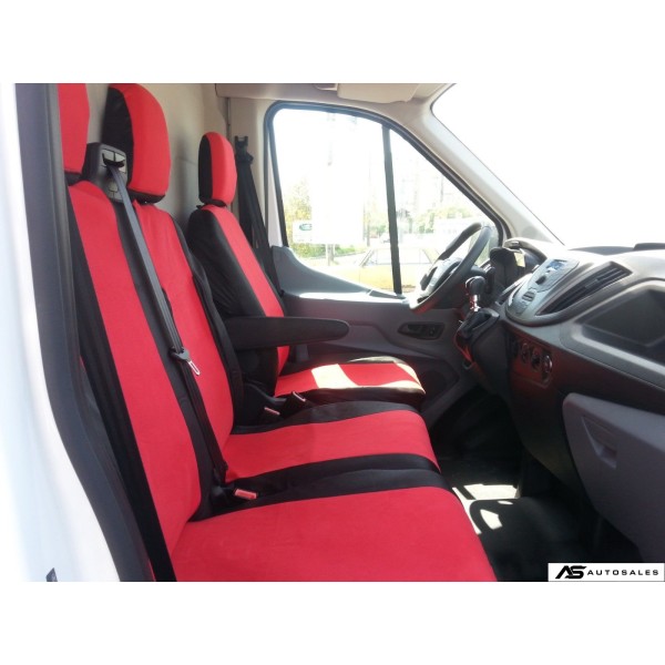 2+1 комплект калъфи / тапицерия - специално ушити за Ford Transit 2013+ - пасват перфектно - с отвор за барчето на двойната седалка - черно и червено